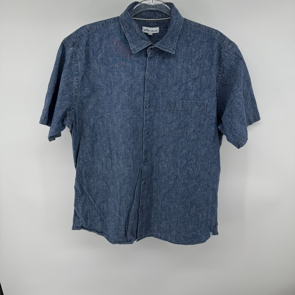 Peter Millar Shirt Mens Large Blue Palm‎ Leaf Print Cotton Stretch Button Up